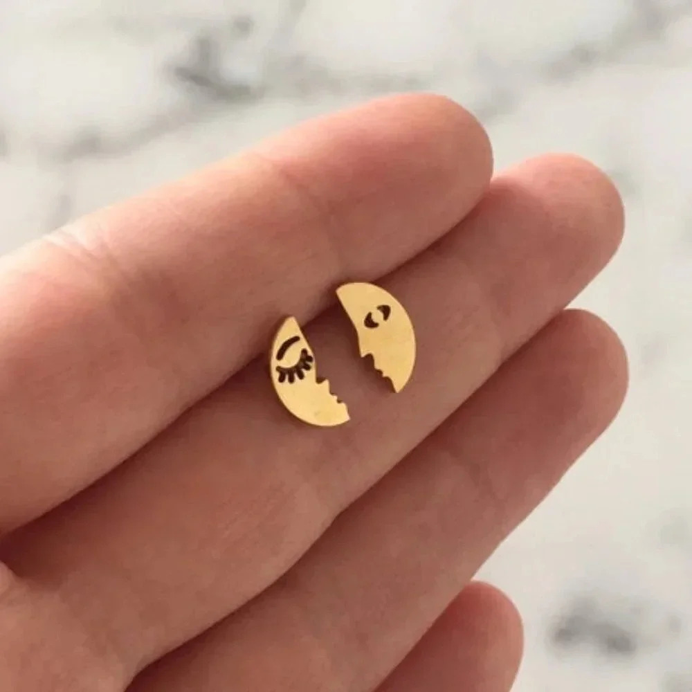Abstract Moon Face Stud Earrings Gold or Silver